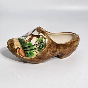 Hand Painted Ceramic Dutch Clog Whindmill Planter Shoe Brown Gold Vintage Japan